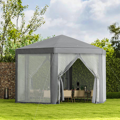 Hexagon Party Tent, Patio Gazebo with Netting Mesh, Light Grey