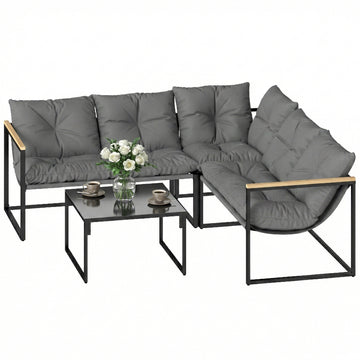 4 Piece Patio Furniture Set with Thick Cushions and Coffee Table, Patio Conversation Set for Porch, Balcony, Deck, Grey