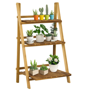 Outdoor Plant Stand, Foldable Flower Stand 3-Tier Wooden Plant Shelf for Garden Indoor Outdoor, 24