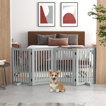 4 Panel Free Standing Wooden Pet Gate with Open Door Light Grey