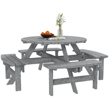 Ensemble de Salle à Manger d'Extérieur Rond en Bois pour 8 Personnes avec Bancs de Type Pub, Table de Pique-Nique (Parasol Non Inclus)