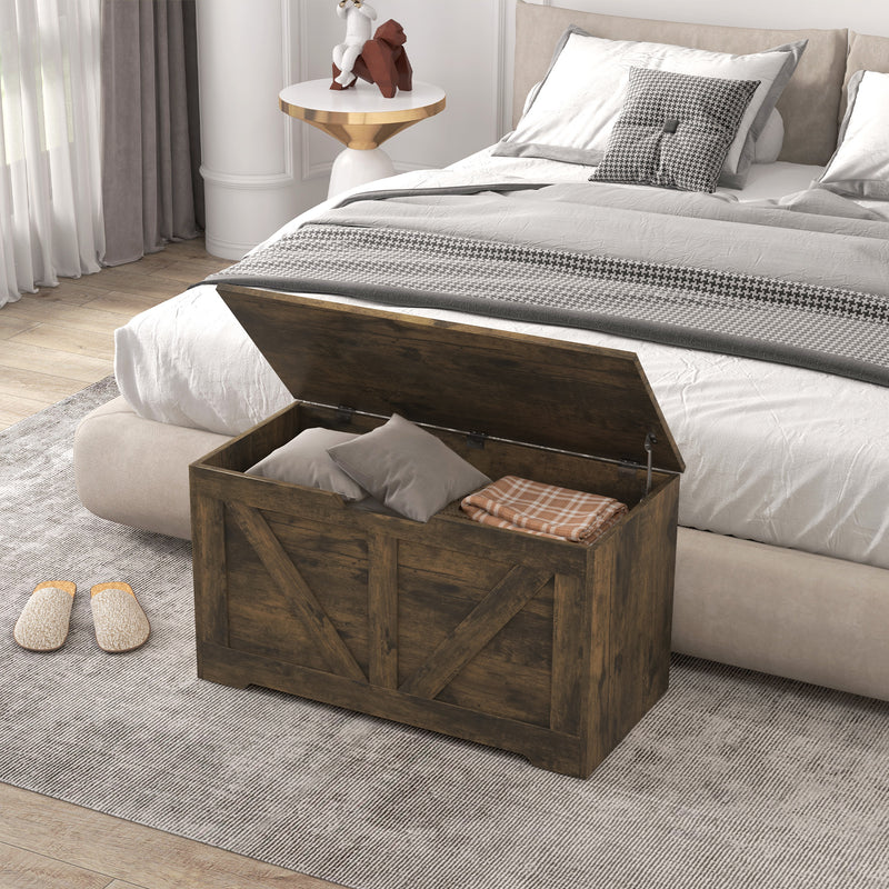 31.5 Inches Storage Chest, Storage Trunk with 2 Safety Hinges for Living Room, Brown Wood Grain
