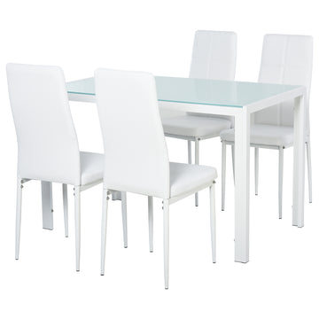 5-Piece Rectangular Glass Kitchen Table and Chairs with Metal Frame and Faux Leather Upholstery for Dining Room