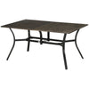 Steel Frame 59 Inch Outdoor Dining Table for Six with Parasol Hole, Wood Grain Tabletop, for Backyard, Garden, Brown