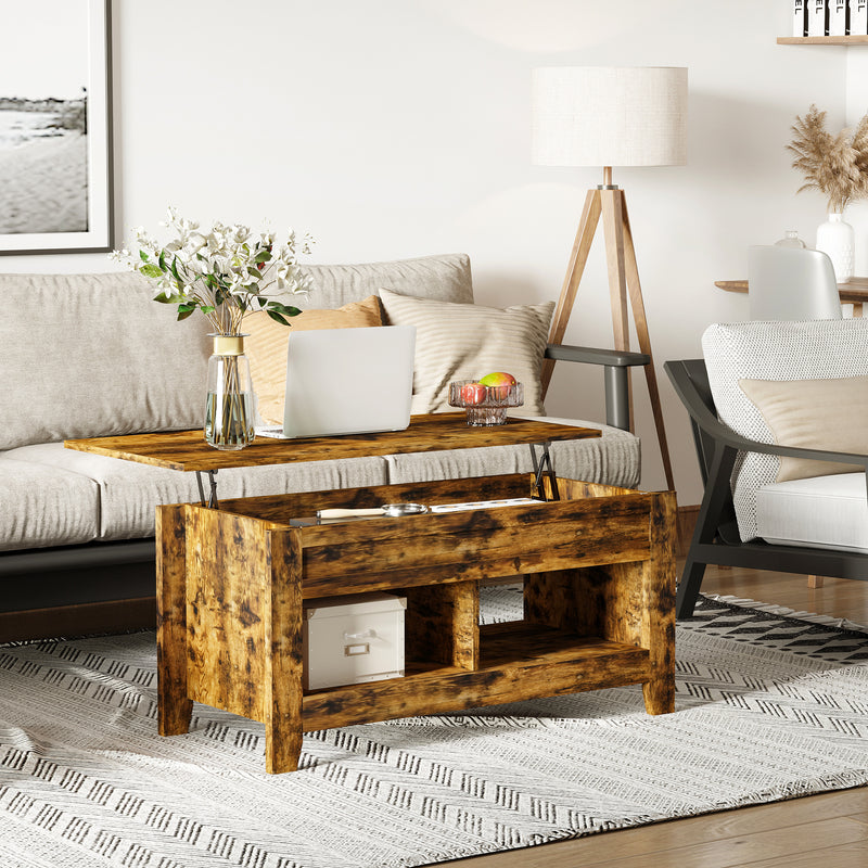 Lift Top Coffee Table with Hidden Storage Compartment and Open Shelves, Lift Tabletop Pop-Up Center Table for Living Room, Brown