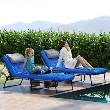 2 Pieces Folding Lounge Chairs with 4-level Reclining Back, Outdoor Tanning Chair with Cushion, Sun Lounger with Breathable Mesh Fabric, Side Pocket, Headrest, Blue