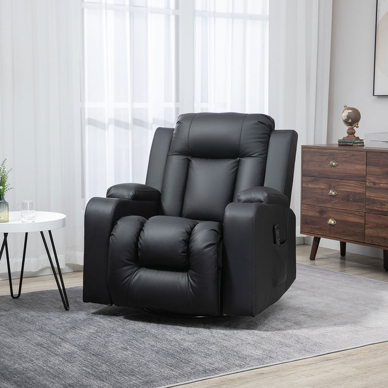Swivel Massage Recliner Chair Rocker, Overstuffed Manual Reclining Sofa, PU Leather Rocking Chair with Side Pockets, Cup Holders, for Living Room, Nursery, Black