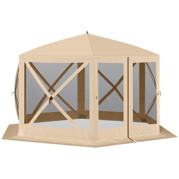 12' x 12' Hexagon Automatic Pop Up Screen Tents Camping Shelter Picnic Canopy Outdoor Sun Shade with Mesh Sidewalls and Carry Bag, Beige