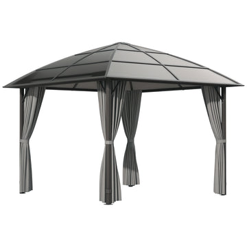 10' x 10' Hardtop Gazebo, Outdoor Gazebo Canopy with UV60+ Polycarbonate Roof, Curtains, Central Hook and Steel Frame for Garden, Lawn, Backyard, Deck