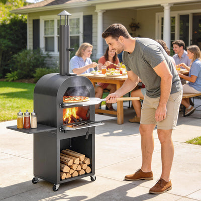 Outdoor Wood Fired Pizza Oven with Side Shelves and Open Cabinet, Pizza Maker on Wheels with Thermometer, Stone, Peel
