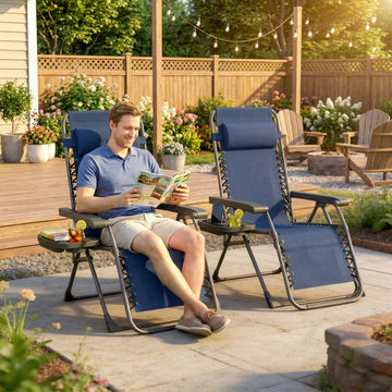 Zero Gravity Chair Set of 2, Folding Reclining Outdoor Lounge Chair with Cup Holder, Headrest, Dark Blue