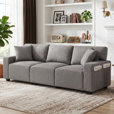 3 Seater Sofa with Storage Pockets, Modern Upholstered Couch with Pocket Springs, Grey