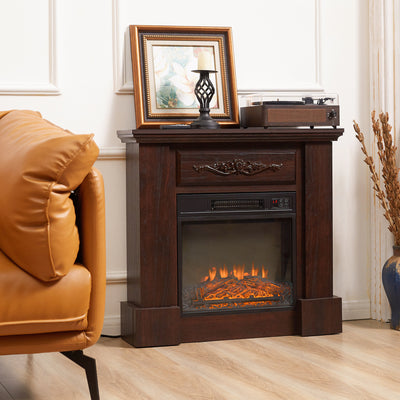 Electric Fireplace with Mantel, Freestanding Heater Corner Firebox with Log Hearth and Remote Control, 1400W, Brown