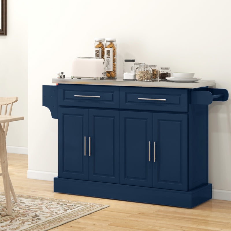 Stainless Steel Kitchen Island with Storage and Stainless Steel Top, Kitchen Trolley with Drawers, Cabinets, Towel Rack, Blue