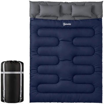 Double Sleeping Bag for Adults, Queen Size 2 Person Sleeping Bag with 2 Pillows, for Cold Weather & Warm, Blue