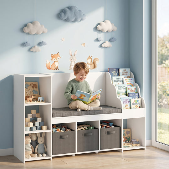 Kids Storage Shelf with Reading Nook, Toy Storage Organizer with Seat Cushion, 3 Fabric Drawers for Playroom, Nursery