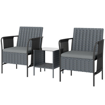 3 Piece Wicker Patio Furniture Set, Outdoor Bistro Set, Side Pockets, Mesh Seat, 2 Tier Glass Table, Cushions, Grey