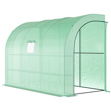 Walk-in Wall Lean-to Greenhouse, 10' x 5' x 7' Outdoor Gardening Green House with PE Cover, Windows, Shelves and 2 Zipper Doors, Green