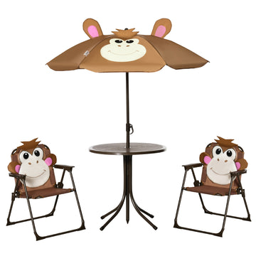 Kids Folding Picnic Table and Chair Set Pattern Outdoor Garden Patio Backyard with Removable & Height Adjustable Sun Umbrella Brown