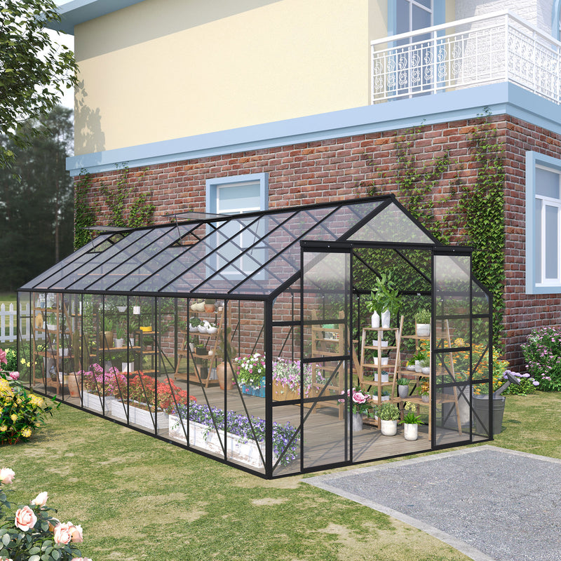 16' x 8' Aluminum Polycarbonate Greenhouse Walk-in Garden Greenhouse Kit with Adjustable Roof Vent, Rain Gutter and Sliding Door for Winter, Black