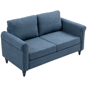 Vintage Loveseat, Upholstered Love Seat Furniture, Chenille-feel Fabric 2 Seater Sofa Couch with Rolled Arms, Gourd-Shaped Rubber Wood Legs for Living Room, Dark Blue