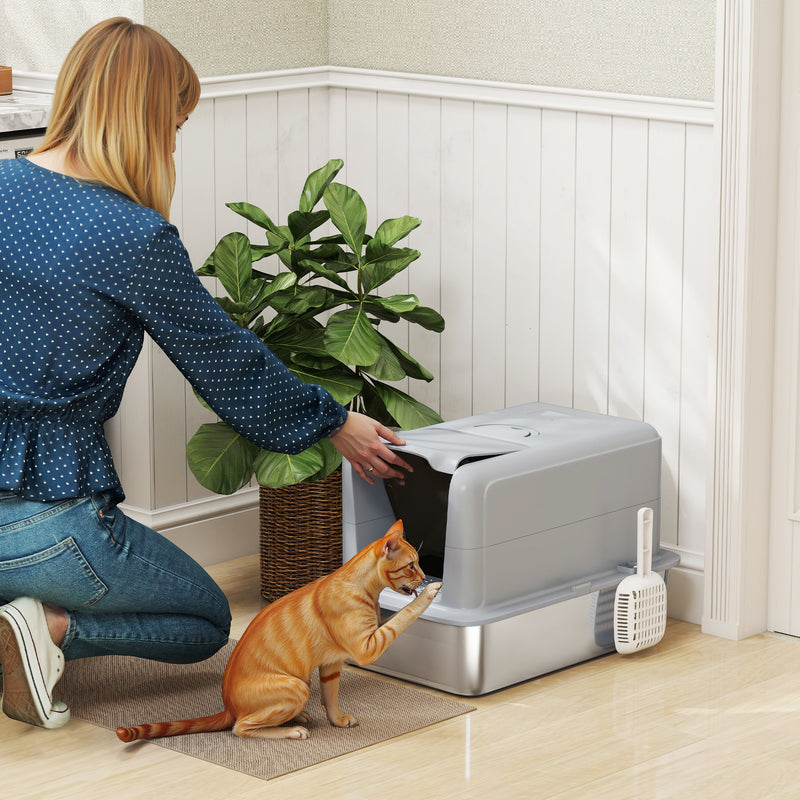 Stainless Steel Cat Litter Box w/ Removable Lid & Scoop, for Small to Large Cats, Easy to Clean, Grey