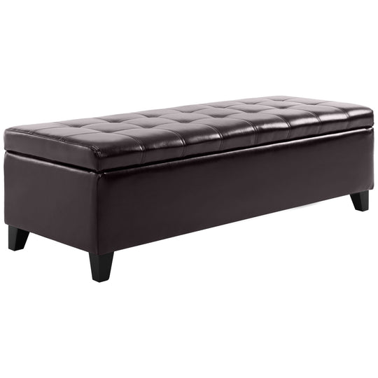 Banc ottoman de rangement, repose-pieds avec pieds en bois massif, coffre de rangement en cuir PU de 51 pouces pour salon, brun