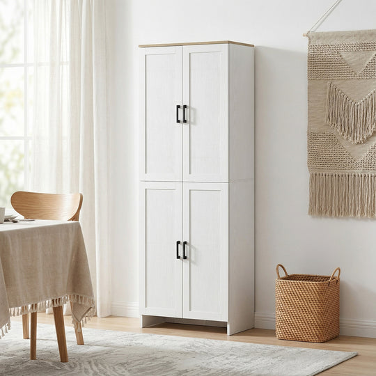 Garde-manger de cuisine autoportant 67 po à 4 portes, armoire de rangement avec tablettes réglables, blanc