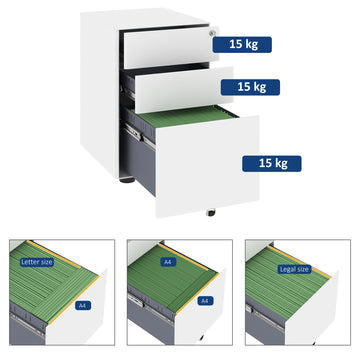 3 Drawer Filing Cabinet, Steel Home Office Storage Cabinet with Wheels, Lock for A4, Letters, Legal-sized Files, White