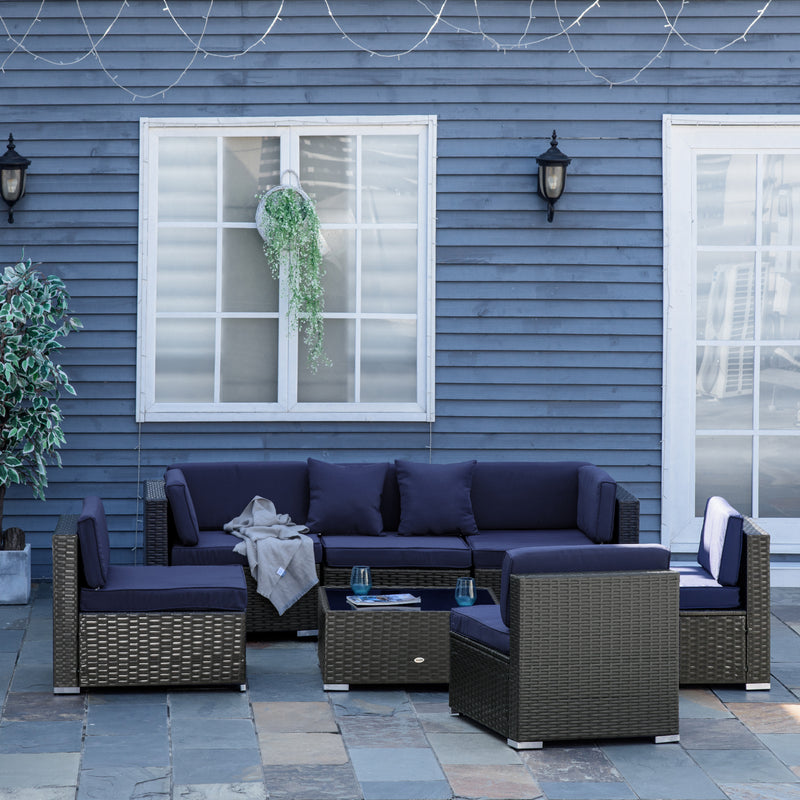 7 Pieces Patio Furniture Set, Rattan Conversation Set Garden Wicker Sofa Set with Washable Cushions and Coffee Table, for Deck Balcony Yard, Navy Blue