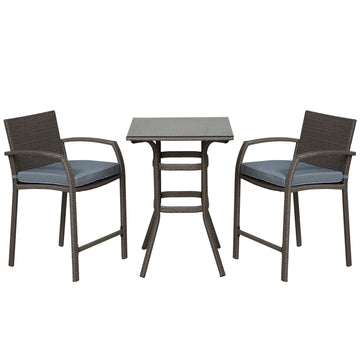 3 Pieces Patio Bar Set Wicker Garden Bistro Set Outdoor Furniture PE Rattan Table and Stools with Seat Cushion, Grey