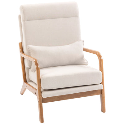 Modern Accent Chair, Linen Armchair with Lumbar Pillow, High Back, Wide Seat, Thick Cushion, Solid Wood Frame, Cream White