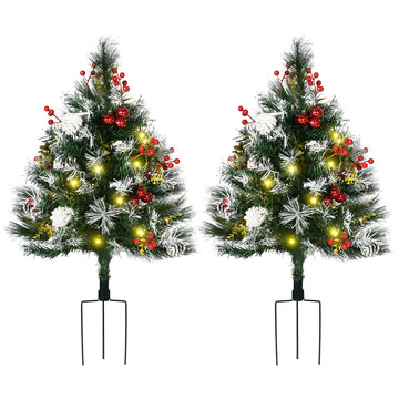 2 Foot/23 inch 2 Pack Prelit Artificial Christmas Tree Cordless with 70 Branches, Warm White LED lights, Red Berries, Pine Cones, Balls, for Outdoor Entryway, Green