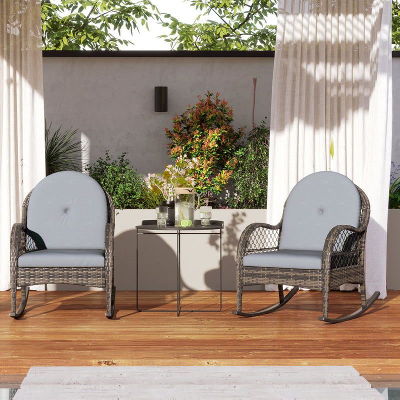 2 Pieces Wicker Rocking Patio Chairs, Indoor Outdoor Rocking Chair Set with Cushions and Armrests for Porch, Grey
