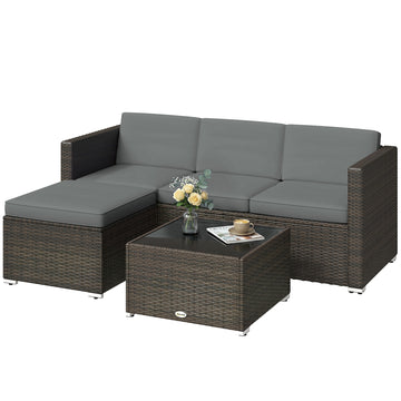 3 Pieces Patio Furniture Set with Cushions, Outdoor PE Rattan Wicker Conversation Corner Sofa Set with Glass Top Table, Light Grey
