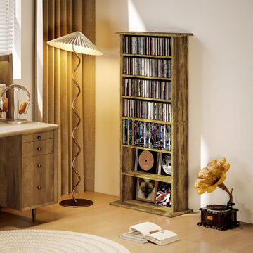 8-Tier DVD Shelf with 6 Adjustable Shelves, Slim CD Shelf, Holds 360 CDs, 185 DVDs or 185 Blu-rays, Rustic Brown