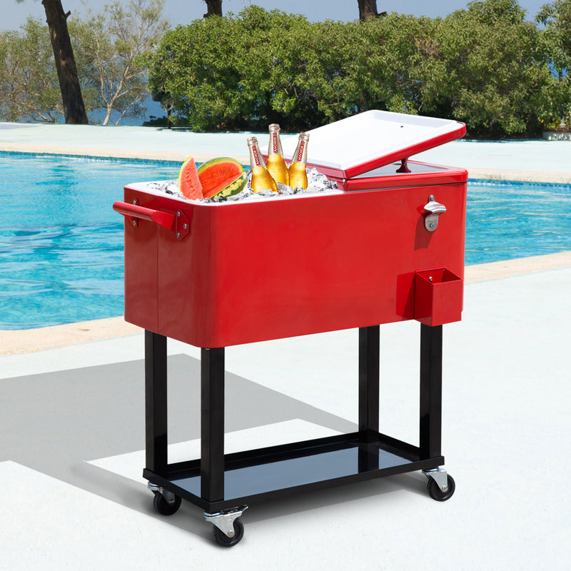 80 Quart Rolling Cooler Cart Portable Patio Ice Beer Beverage Cooling Bin w/ Bottle Opener & Storage Shelf