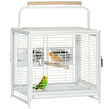 Bird Travel Carrier Cage for Parrots Conures African Grey Cockatiel Parakeets with Stand Perch, Stainless Steel Bowls, Pull Out Tray, White