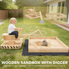 Qaba Wooden Sandbox with Digger, Kids Sandbox with 360° Rotating Seat & Bottom Liner, 72
