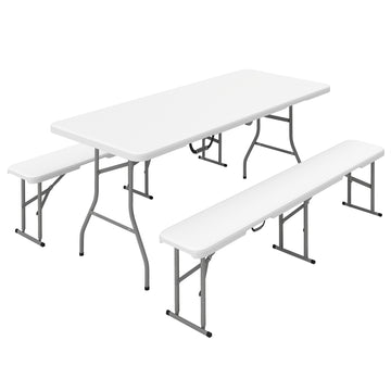 6FT 3-Piece Portable Outdoor Camping Table Bench Set with Carrying Handles, Folding Picnic Table with 2 Benches, White