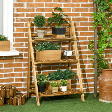 Outdoor Plant Stand, Foldable Flower Stand 3-Tier Wooden Plant Shelf for Garden Indoor Outdoor, 24