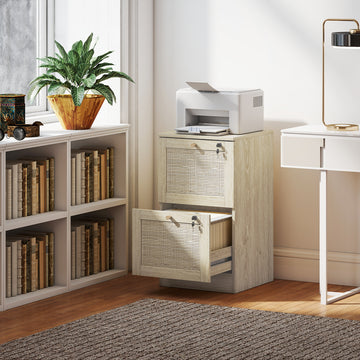 2 Drawer Filing Cabinet with Lock, Boho File Cabinet for A4 Letter Size Files with Decorative Rattan Accents, Oak