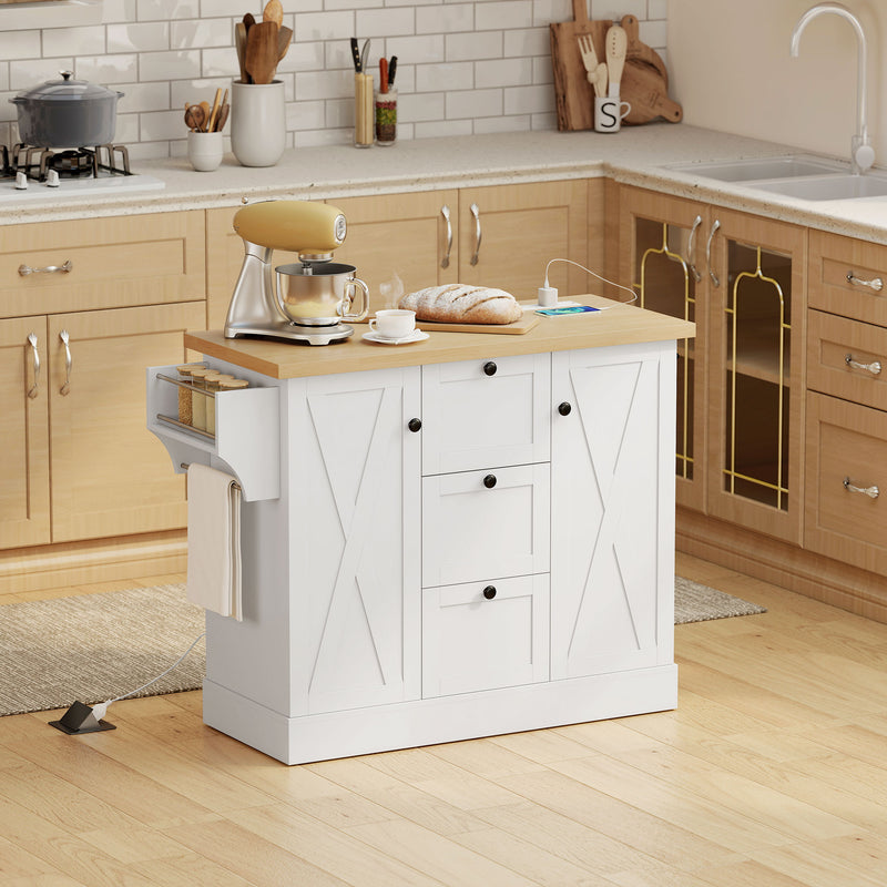 Farmhouse Kitchen Island Cart with Power Outlet and Soft-Close Doors, 49