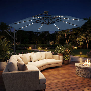 11.3 ft Cantilever Patio Umbrella with Light, Cover, Aluminium UPF50+ Offset Outdoor Umbrella Parasol, Navy Blue
