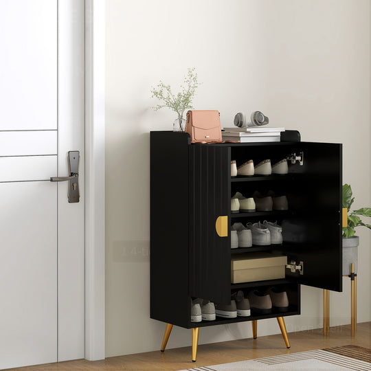 Entryway Shoe Storage Cabinet, Narrow Shoe Cabinet with Adjustable Shelves and Open Shelf for 15 Pairs of Shoes, Black