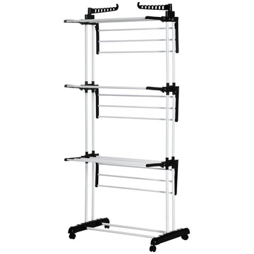 Foldable Clothes Drying Rack, 4-Tier Steel Laundry Rack for Drying Clothes with 2 Side Wings and 4 Castors, Indoor and Outdoor Use, Black