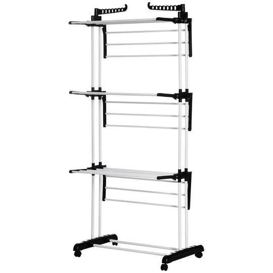 Foldable Clothes Drying Rack, 4-Tier Steel Laundry Rack for Drying Clothes with 2 Side Wings and 4 Castors, Indoor and Outdoor Use, Black