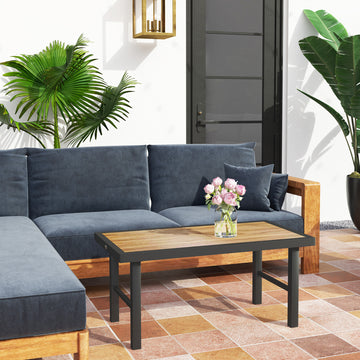 Outdoor Side Table with SPC Woodgrain Tabletop, Metal Patio Coffee Table for Outside Garden, Brown