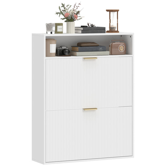 Shoe Cabinet with 2 Flip Drawers Narrow Shoe Storage Cabinet with Top Shelf for Entryway Hallway White