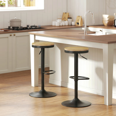 Wood Barstools Set of 2, Swivel Bar Stools with Adjustable Height for Kitchen Counter, Natural Wood and Black
